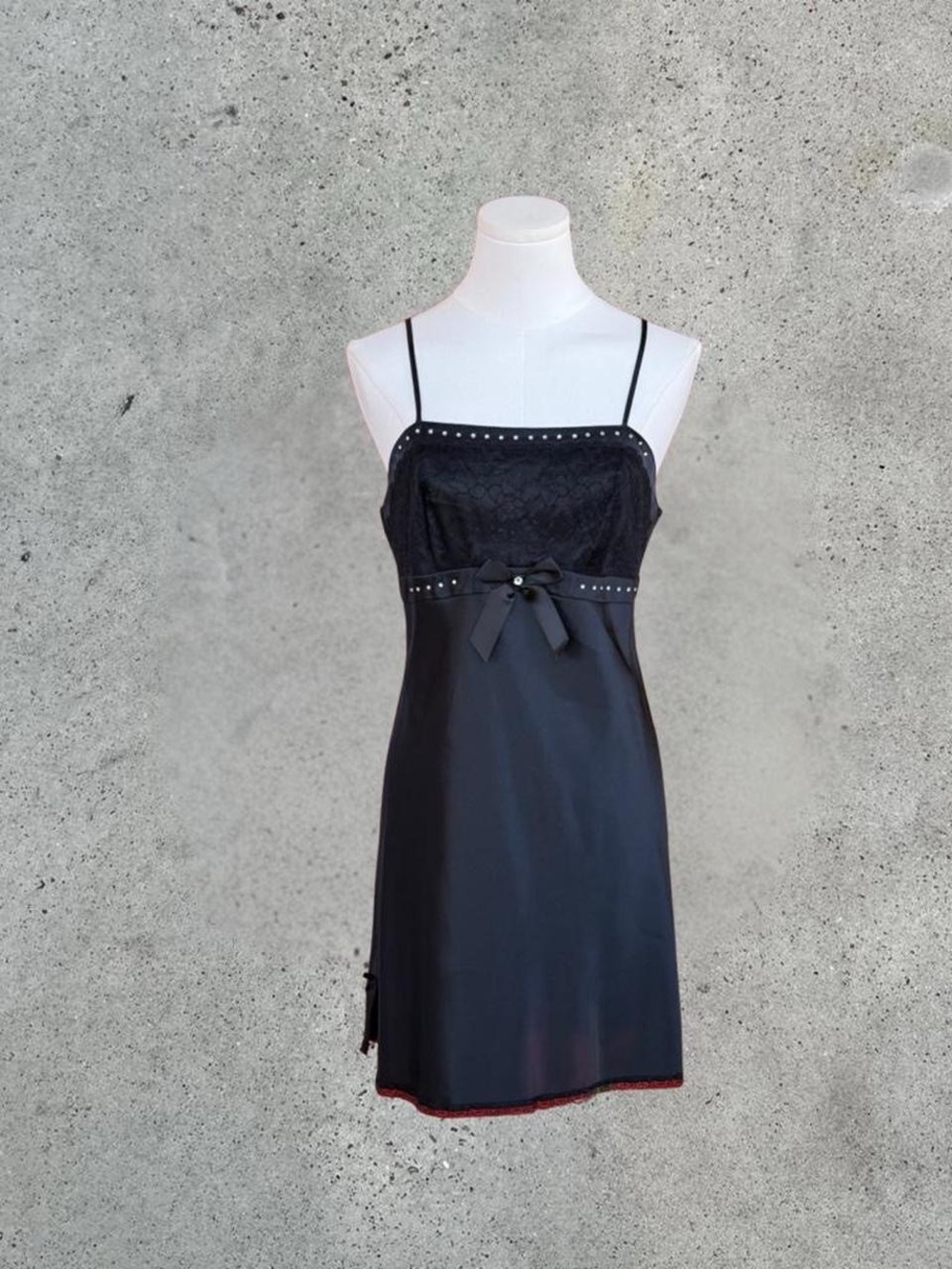 Morgan Taylor Black Lace-Trim Slip with Bow Accent